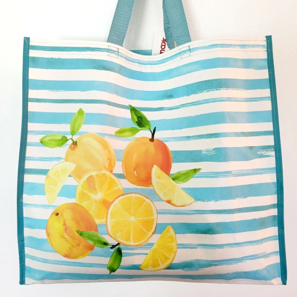 Shopping Gift Bag Fruit Citrus Oranges Lemons Blue Stripes Reusable Tote TJMaxx